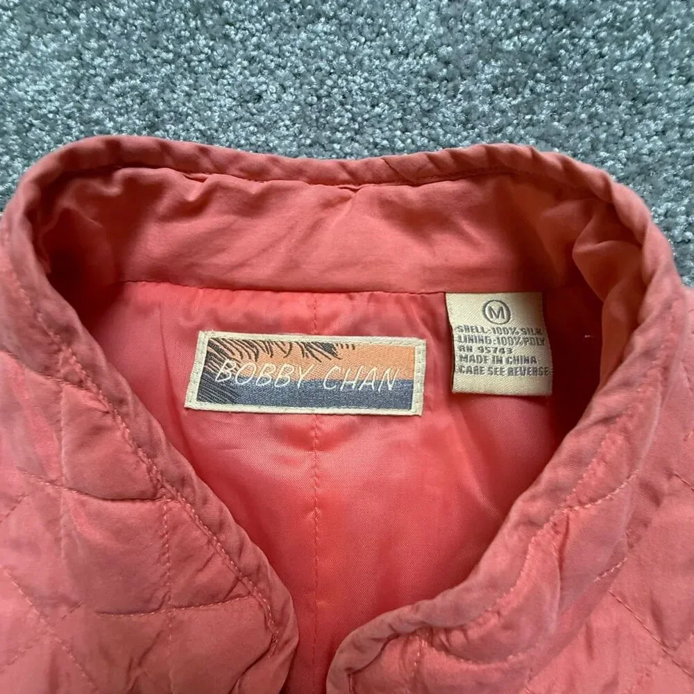 Bobby Chan Jacket Womens Sz M VTG Coral Zip Pockets Golf Quilted Lining